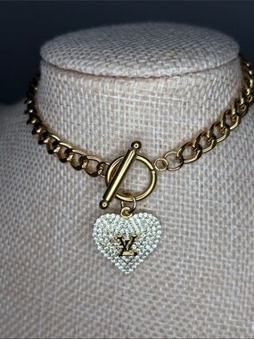 LV Gold-Tone Chain Necklace with Pave Heart Pendant (Gold) 8 inches